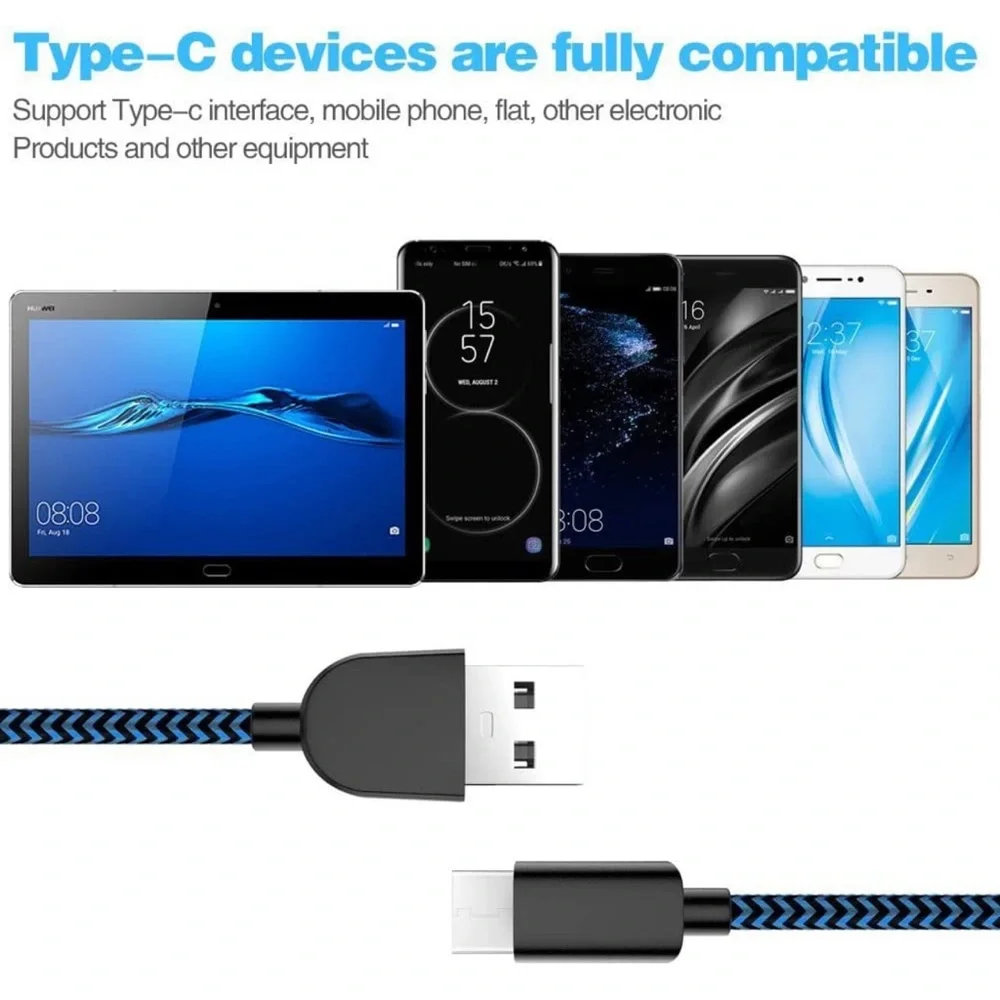 5 Pack (3/3/6/6/10FT) Fast Charging 3A USB-C to USB-A Cable Rapid Charger (Blue)